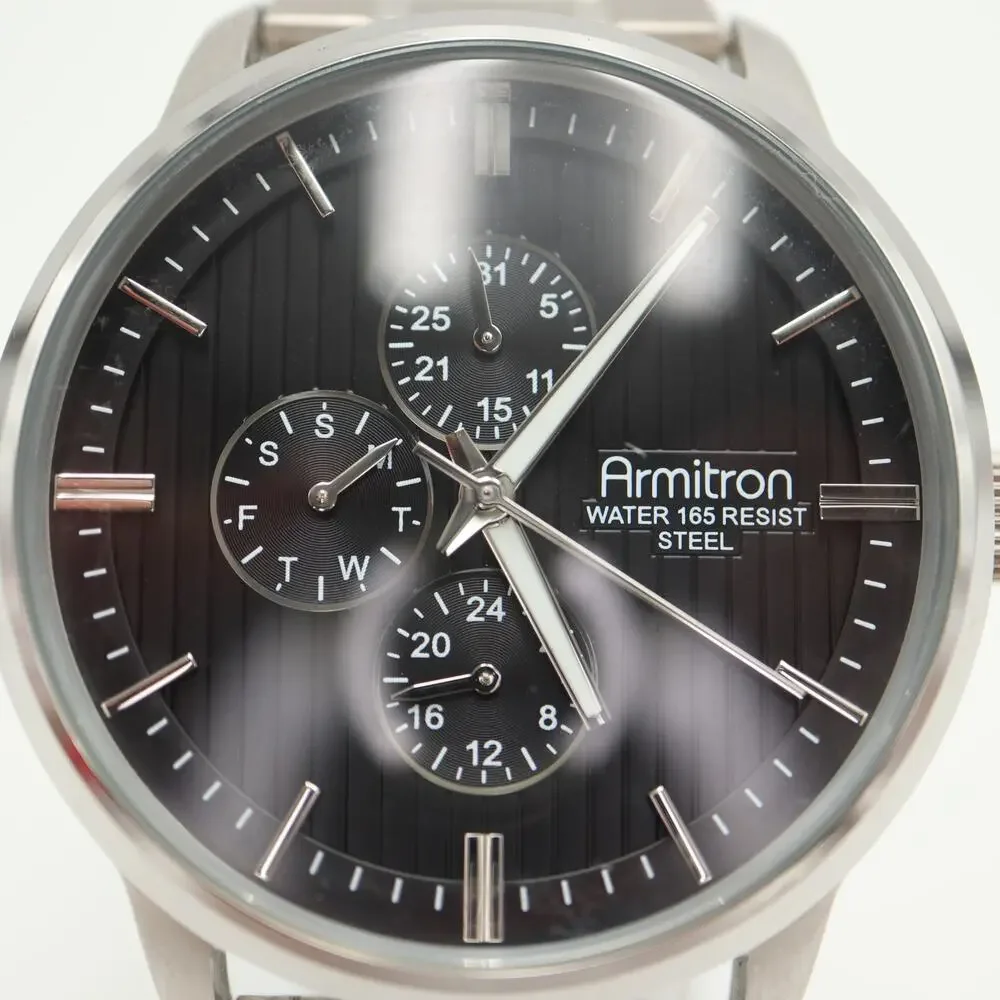 Armitron Silver Tone Mens 43mm Calendar Watch 24-hour Day Date w New Battery